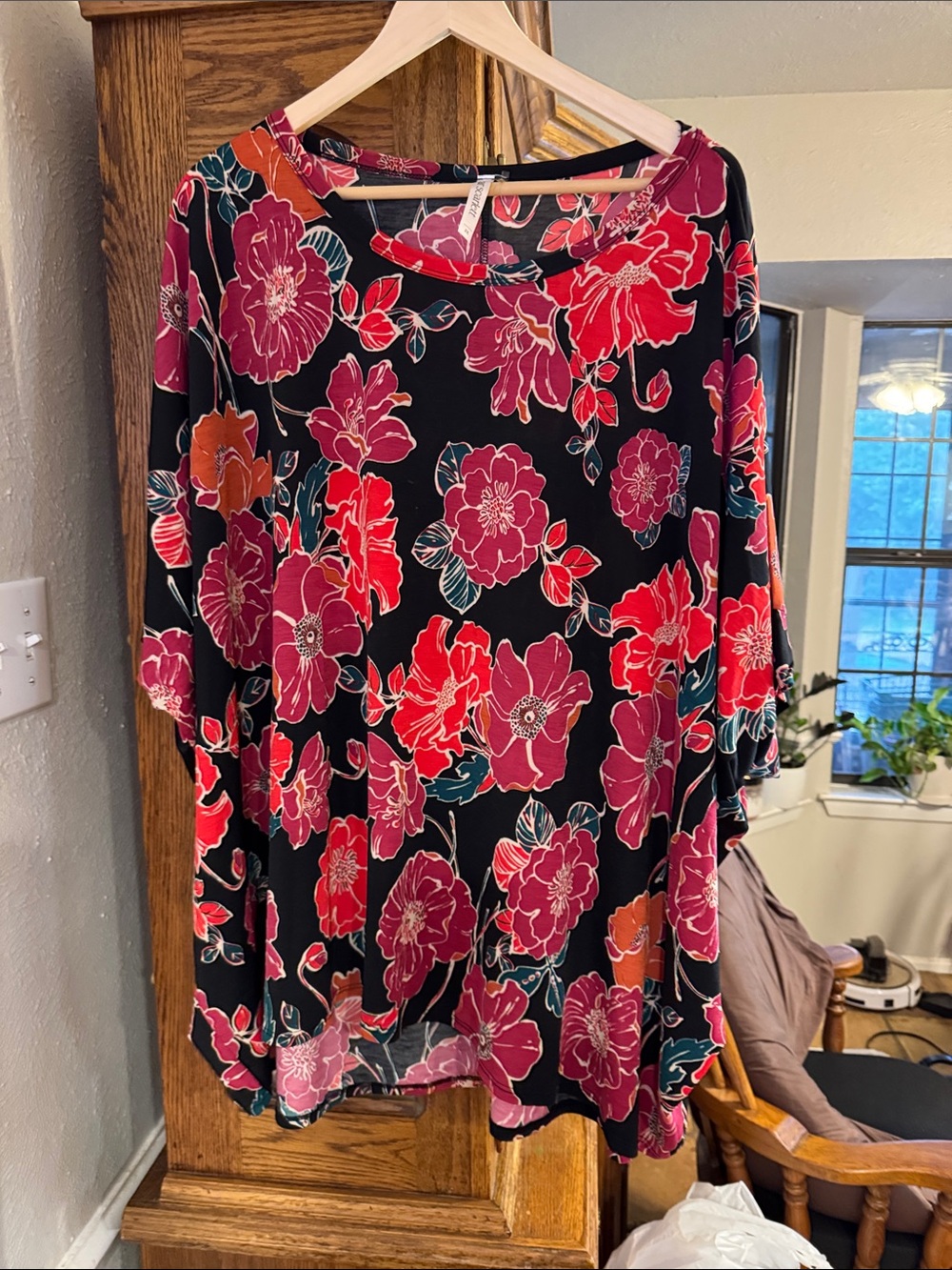 Scarlett Black Floral Tunic with Red & Pink Blooms